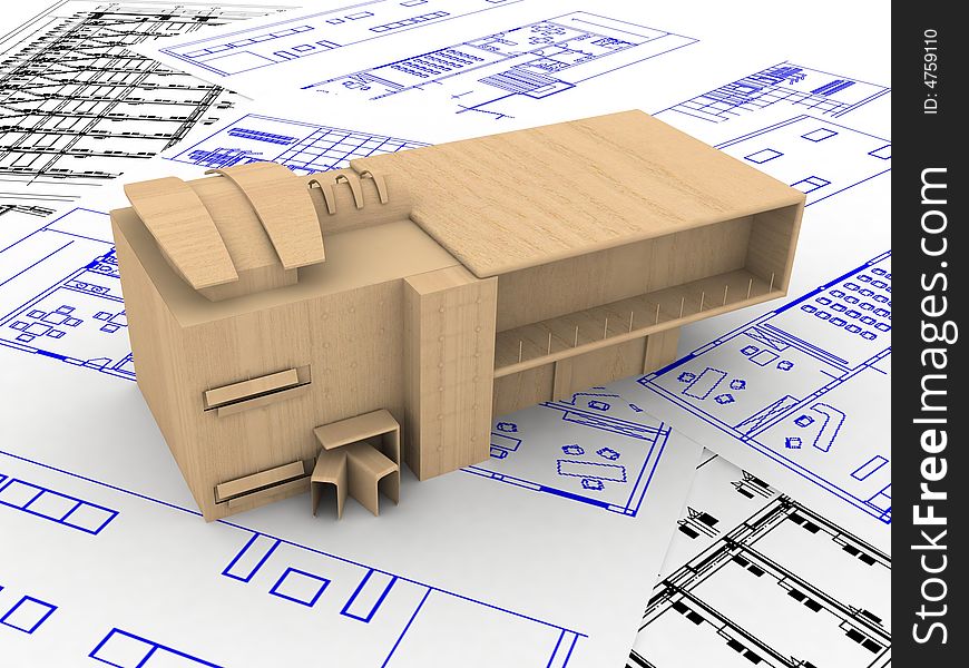 Wooden miniature of futuristic house on blueprints. Wooden miniature of futuristic house on blueprints