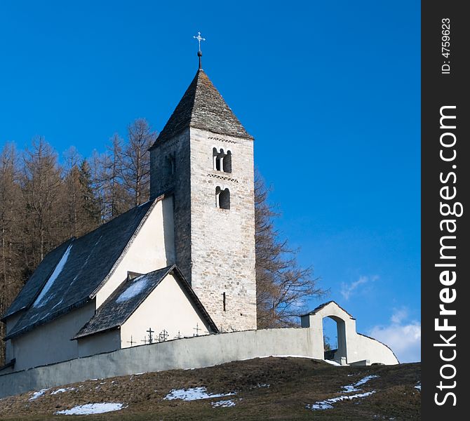 Alpine Church in mountain village of Falera, Switzerland. Alpine Church in mountain village of Falera, Switzerland