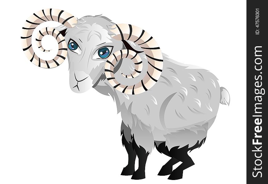 Cute funny cartoon ram illustration on white background.