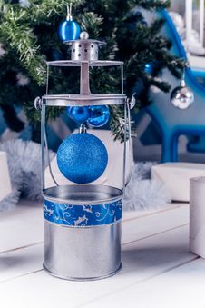 Christmas Lantern On White Wooden Floor With Blue Christmas Ball Royalty Free Stock Photo Christmas Lantern On White Wooden Floor With Blue Christmas Ball Royalty Free Stock Photo