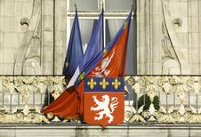 France; Lyon Or Lyons: Flags At The City Hall Stock Photos
