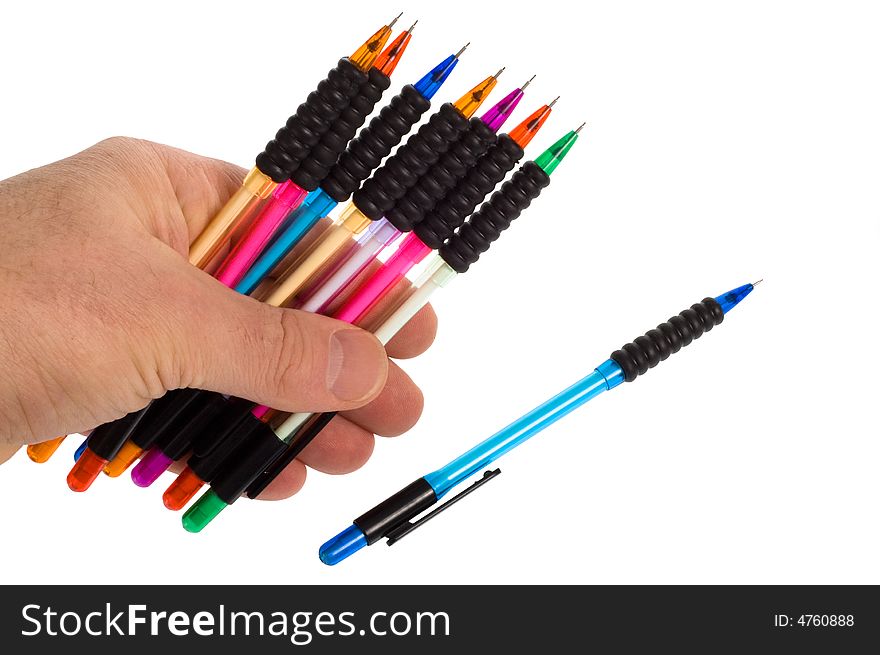 Pencils in hand on white background