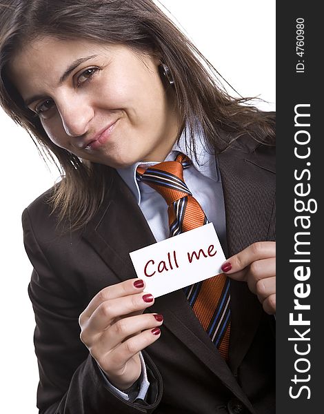 Young businesswoman with teasing presentation card. Young businesswoman with teasing presentation card