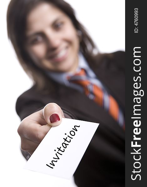 Young businesswoman with teasing presentation card. Young businesswoman with teasing presentation card