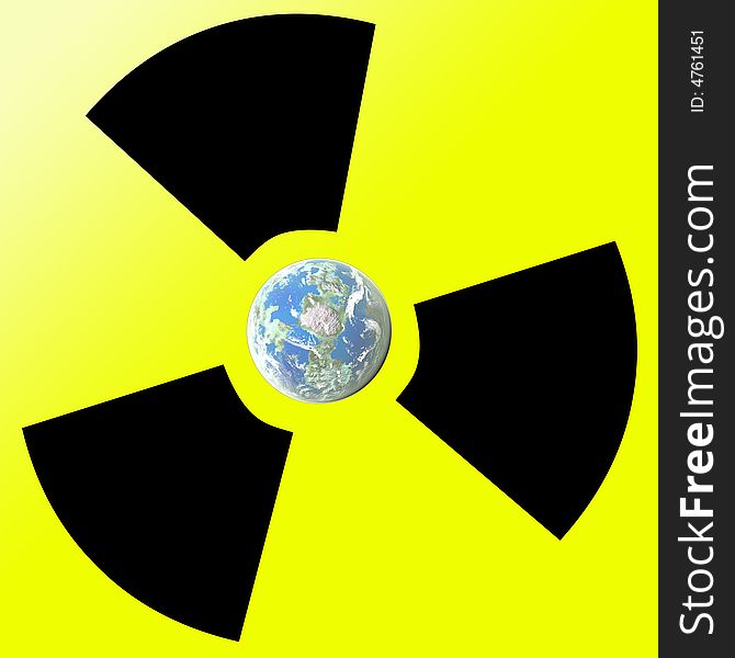 On a yellow background there is a sign on radiation in which center a planet the Earth. On a yellow background there is a sign on radiation in which center a planet the Earth.