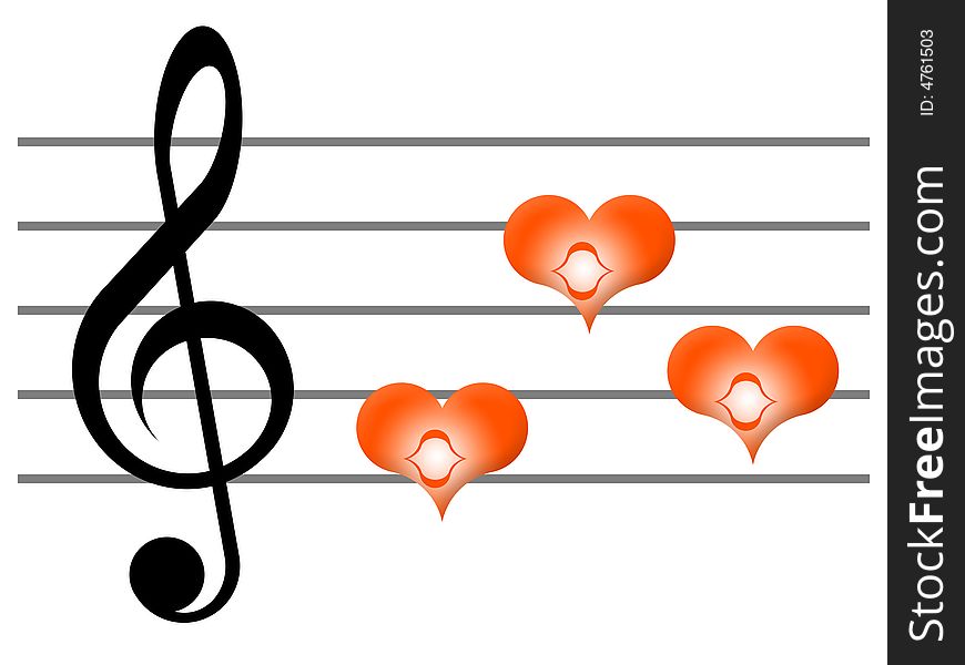 Musical lines, treble clef and notes in the form of hearts on a white background