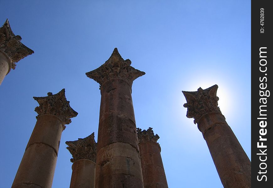 Roman columns in the sun in Jerash, Jordan
