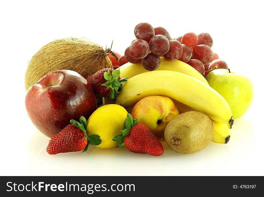 Various of fresh ripe juicy fruits over white