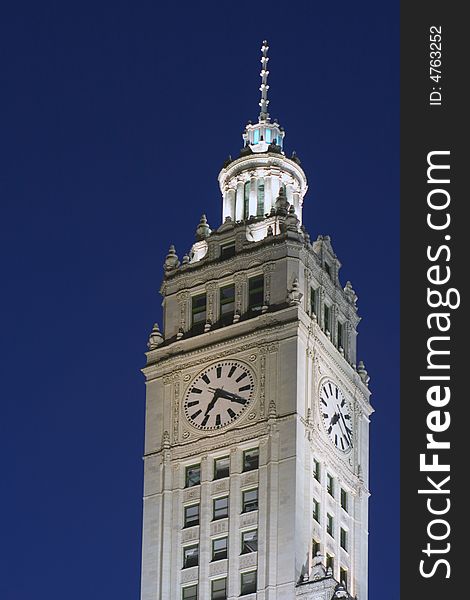 Wrigley Building in Chicago during blue hour.