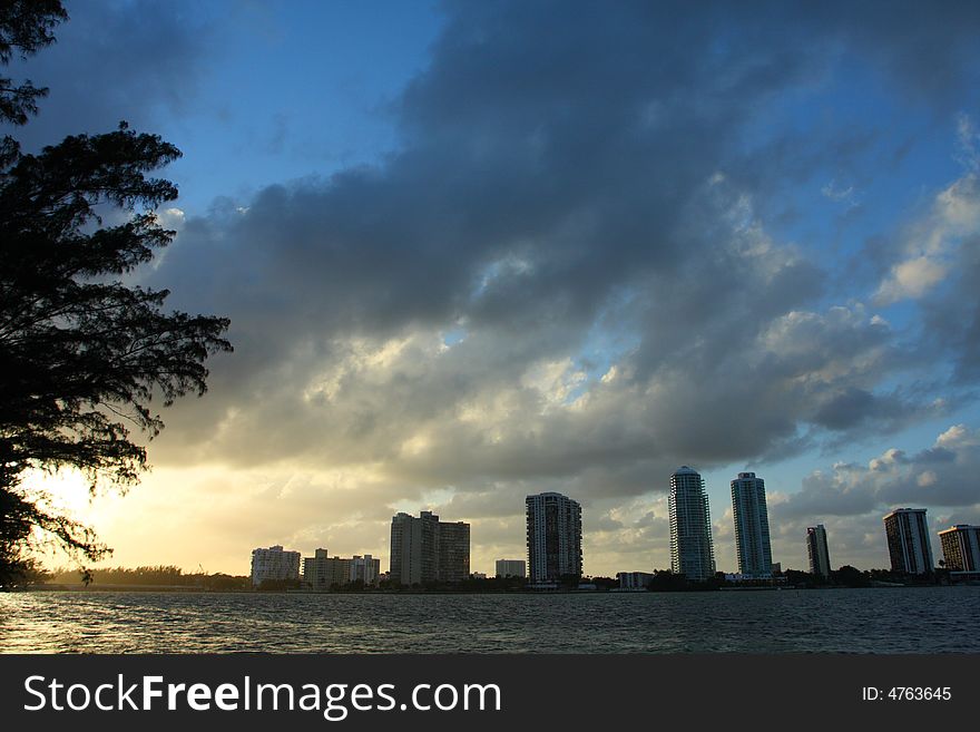 Sunset displaying brilliant blues over the city. Sunset displaying brilliant blues over the city