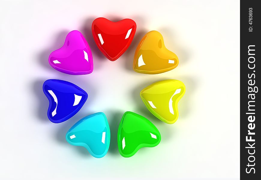 Colored hearts in 7 clours with white background