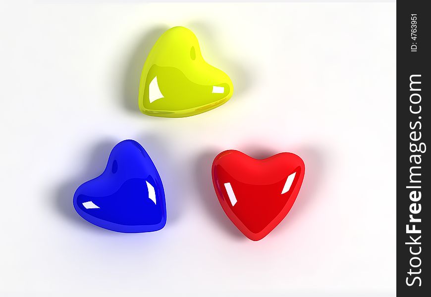 Red blue yellow Colored hearts with white background