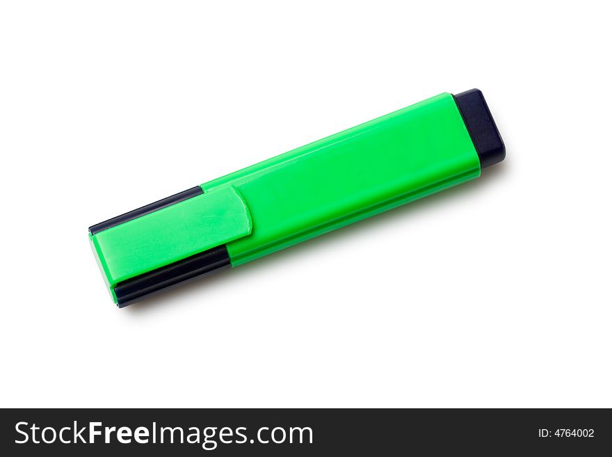 Isolated office green fluorescent textmarker on the white background. Isolated office green fluorescent textmarker on the white background