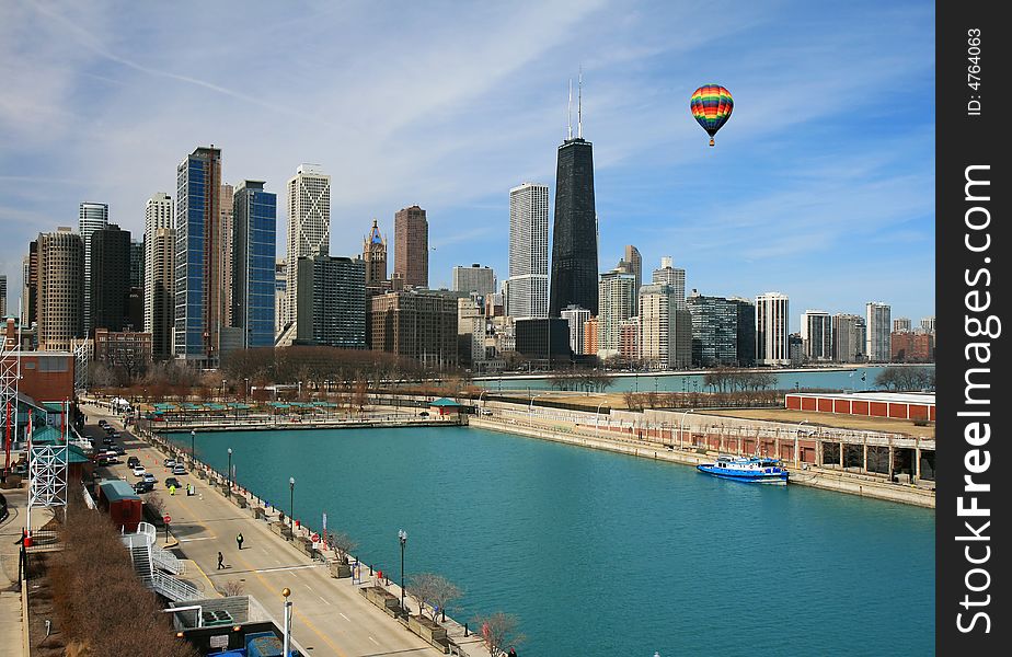 View of downtown Chicago. Hot air balloon is in the sky. View of downtown Chicago. Hot air balloon is in the sky.