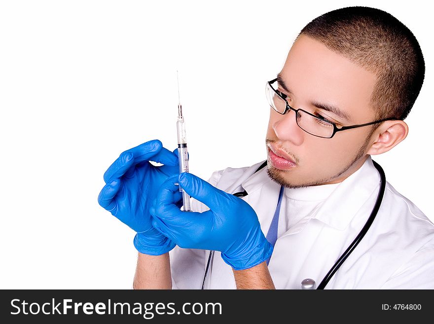 Physician assistant preparing and measuring amount of medication into the syringe.