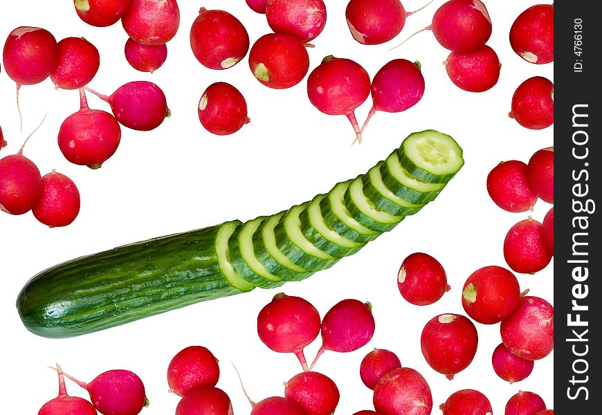 An image of slices of cucumber and radish