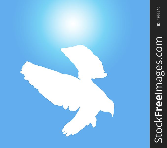 Illustration of white dove flying on sunny blue sky. Illustration of white dove flying on sunny blue sky