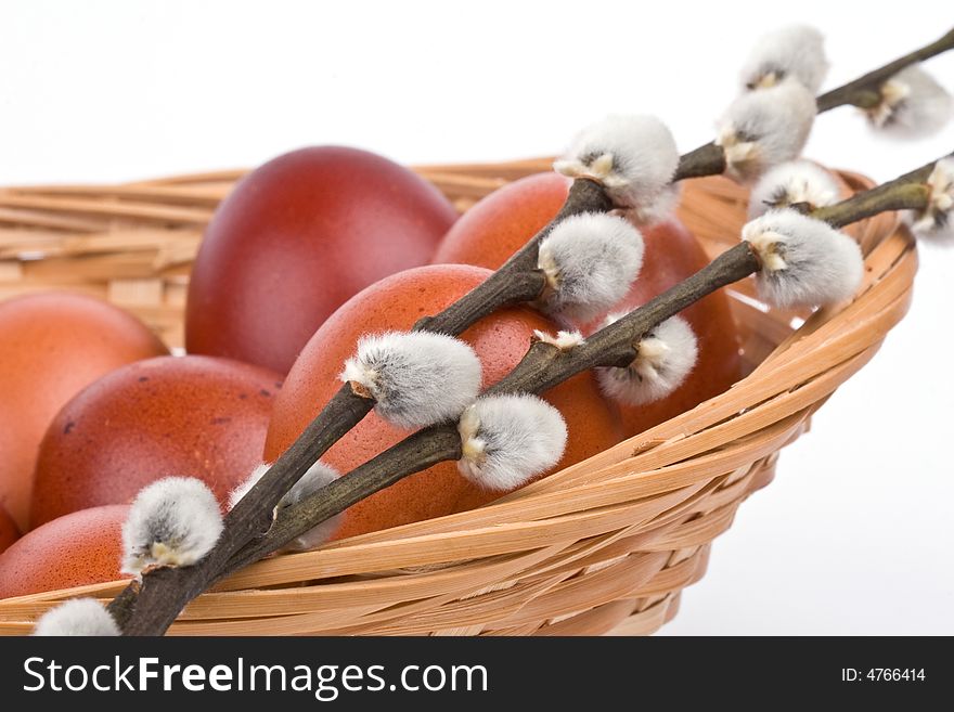 Easter eggs in a basket with catkins