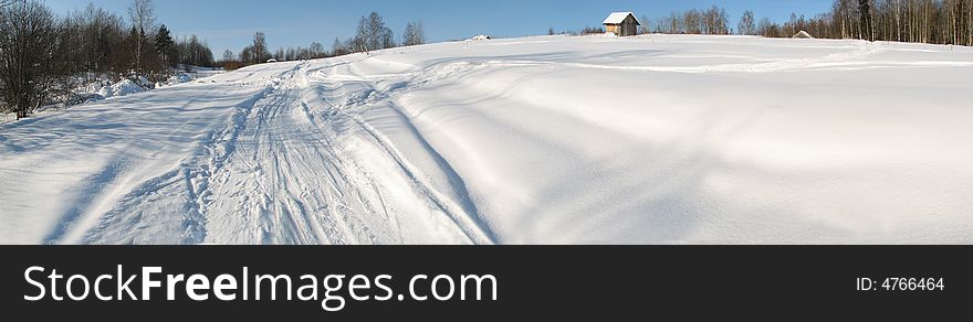 The winter panorama snow rural landscape country forest tree sky house road trope