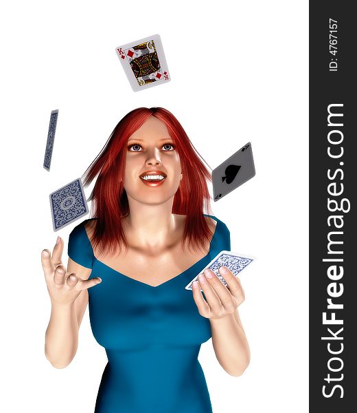 A woman with red hair throwing cards in the air. A woman with red hair throwing cards in the air.