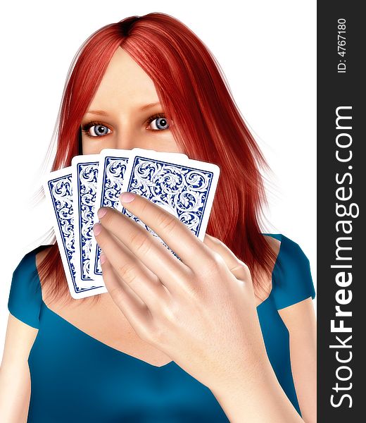 A woman with red hair holding cards in her hand. A woman with red hair holding cards in her hand.