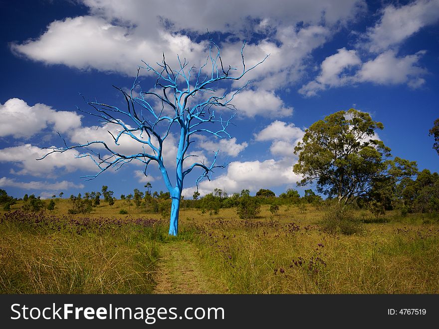 Untraditionaly blue painted tree on green meadow. Untraditionaly blue painted tree on green meadow