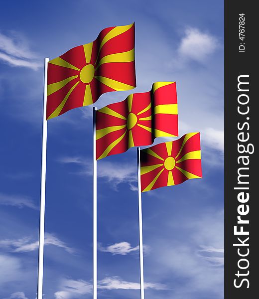 The flag of Macedonia flies in front of a blue sky. The flag of Macedonia flies in front of a blue sky