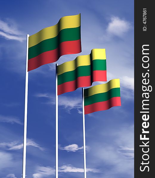 The flag of Lithuania flies in front of a blue sky. The flag of Lithuania flies in front of a blue sky
