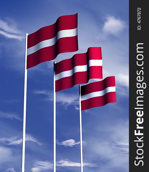 The flag of Latvia flies in front of a blue sky. The flag of Latvia flies in front of a blue sky