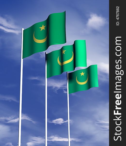 The flag of Mauritania flies in front of a blue sky. The flag of Mauritania flies in front of a blue sky