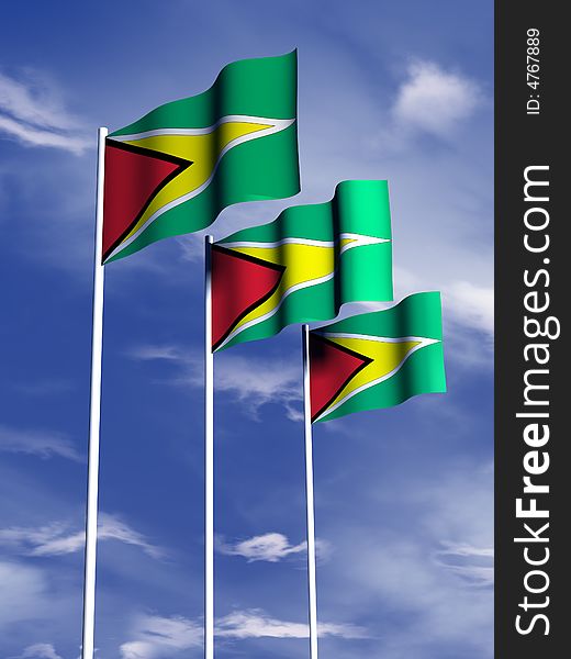 The flag of Guyana flies in front of a blue sky. The flag of Guyana flies in front of a blue sky