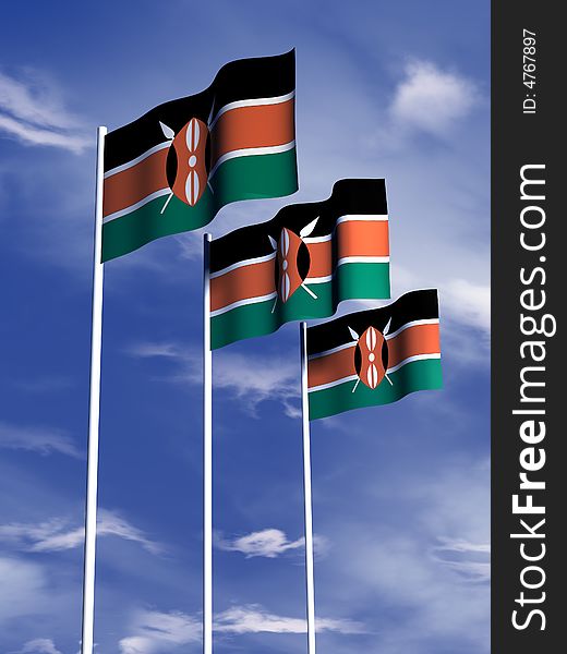 The flag of Kenya flies in front of a blue sky. The flag of Kenya flies in front of a blue sky