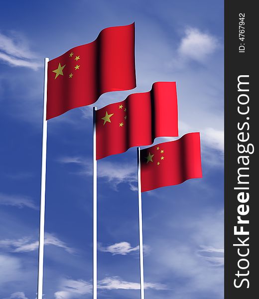 The flag of China flies in front of a blue sky. The flag of China flies in front of a blue sky