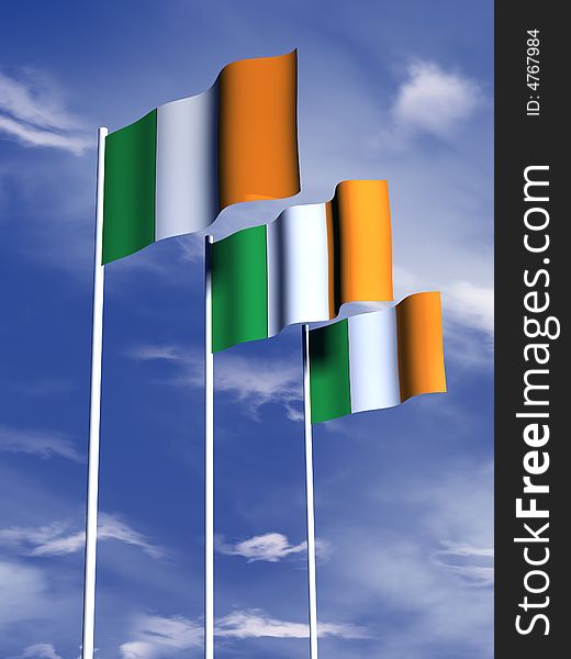 The flag of Ireland flying under a blue sky. The flag of Ireland flying under a blue sky