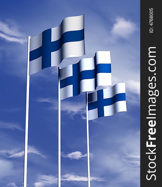 The flag of Finland flying under a blue sky. The flag of Finland flying under a blue sky