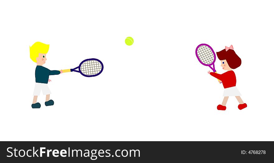Two children playing tennis in white background