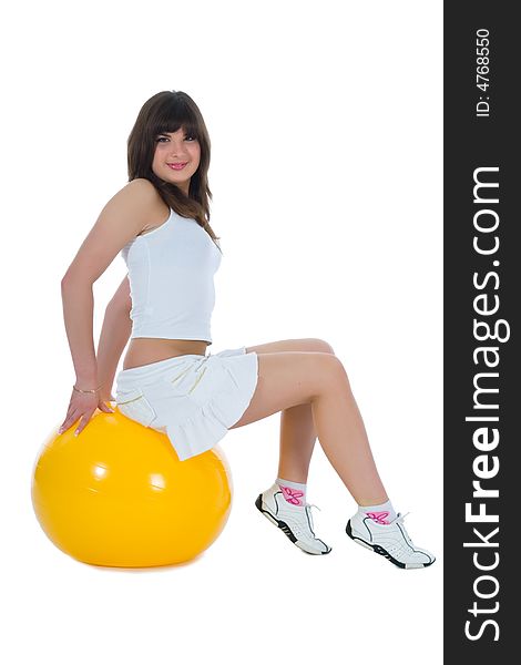 Girl practicing fitness  on  white  background