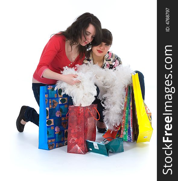 Expressive girls  on white background  shopping. Expressive girls  on white background  shopping