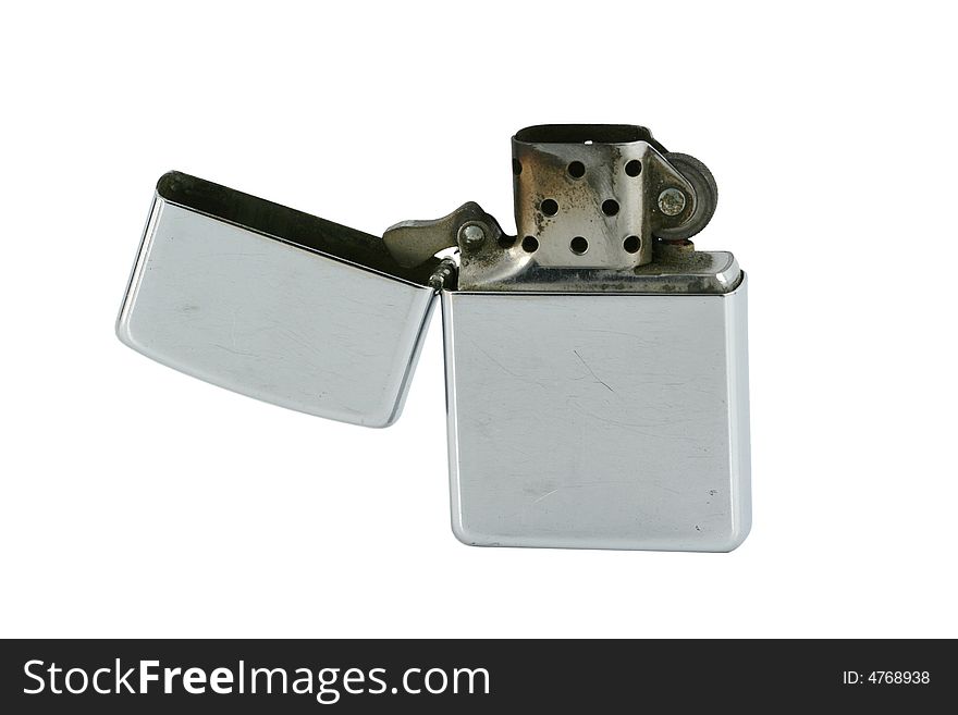 Isolated Open Ciggarette Metal Lighter On White