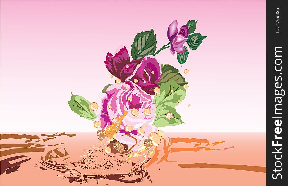 Illustration with rose and orange drops