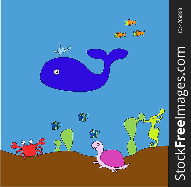 Cute seahorse,blue whale,turtle,crab,fish. Cute seahorse,blue whale,turtle,crab,fish