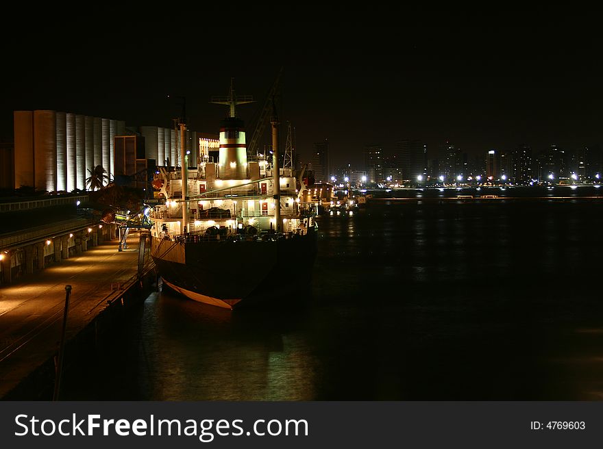 A view of a port at night.
