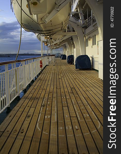 Cruise ship wooden deck exterior.