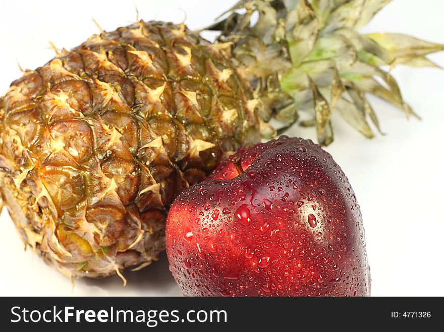 Pineapple, apple, red, leaves, vitamins, fruit, meal, food, a still-life