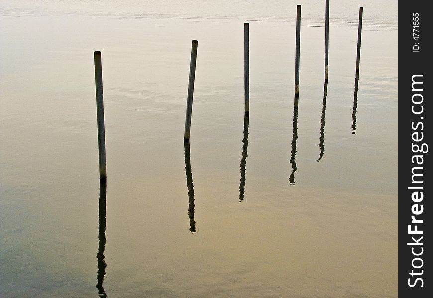 Poles sticking out of lake on a diagonal line. Poles sticking out of lake on a diagonal line