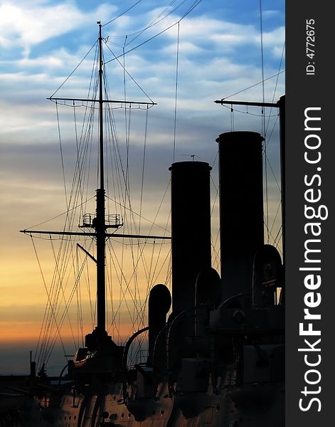 Silhouette of Russian cruiser Aurora. Saint-Petersburg