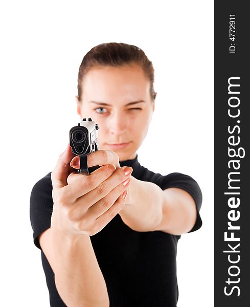 Girl with gun. It is isolated on a white background.