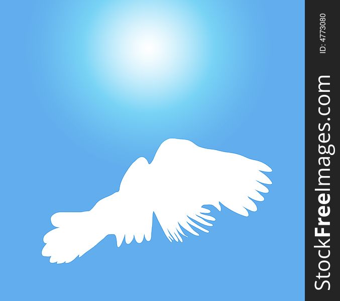 Illustration of white dove flying on sunny blue sky. Illustration of white dove flying on sunny blue sky