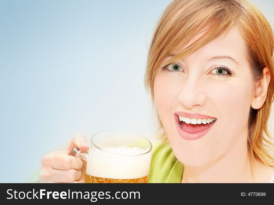 Young woman with a big glass beer. Young woman with a big glass beer