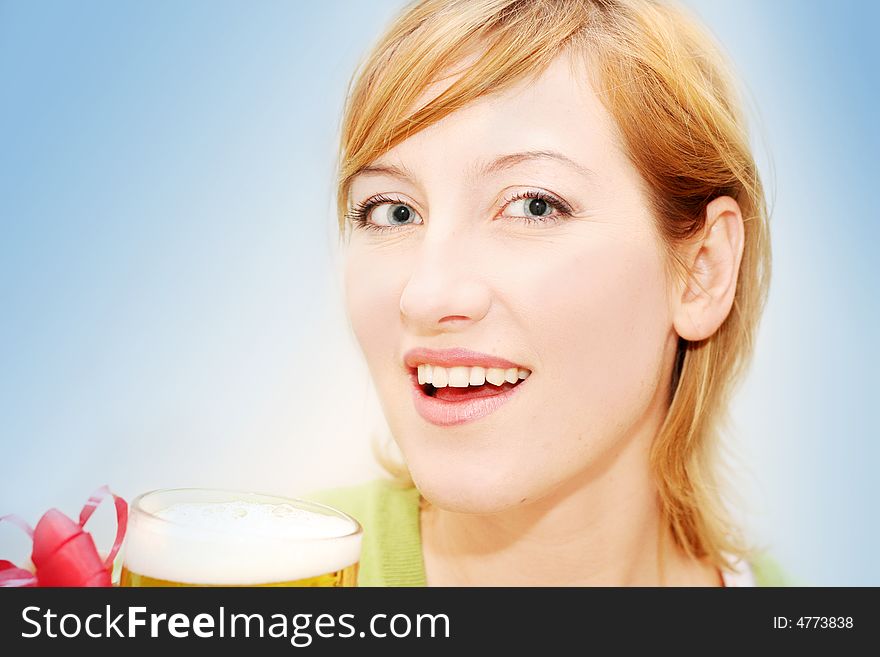 Young woman with a big glass beer. Young woman with a big glass beer